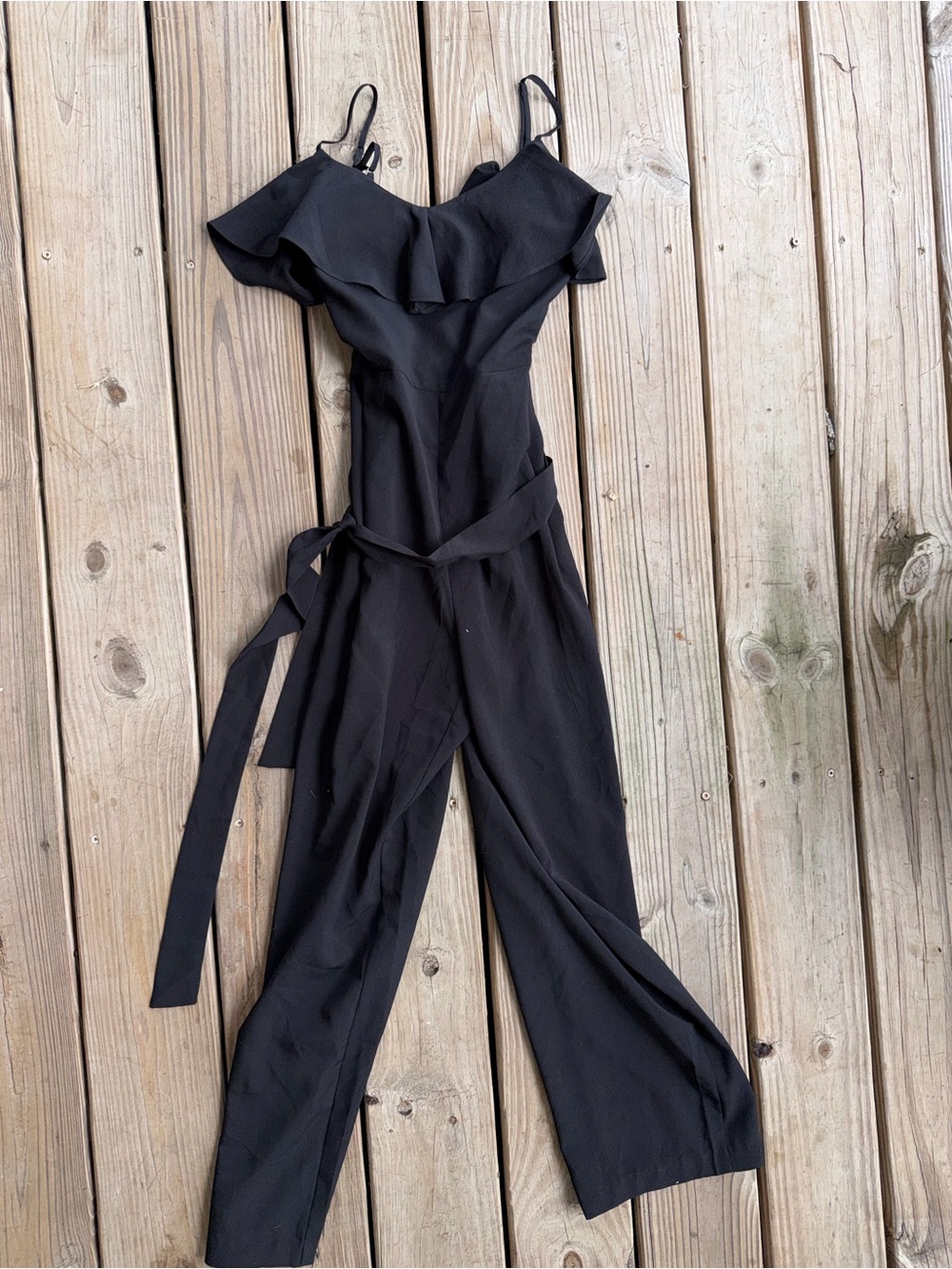 Banana Republic Black Ruffle Off-Shoulder Jumpsuit with Waist Tie